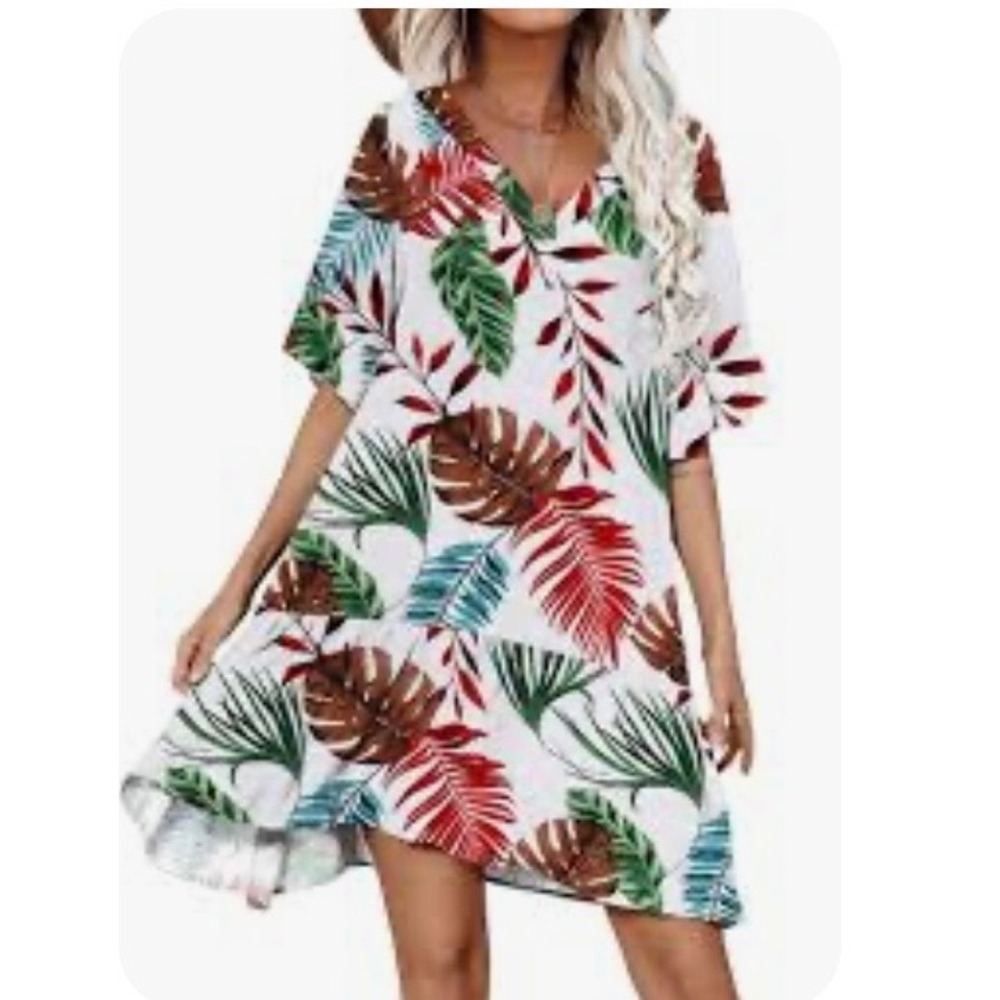 Tropical Leaf Mini Dress Womens 2XL White Ruffle Hem Plus Size Beach Coverup